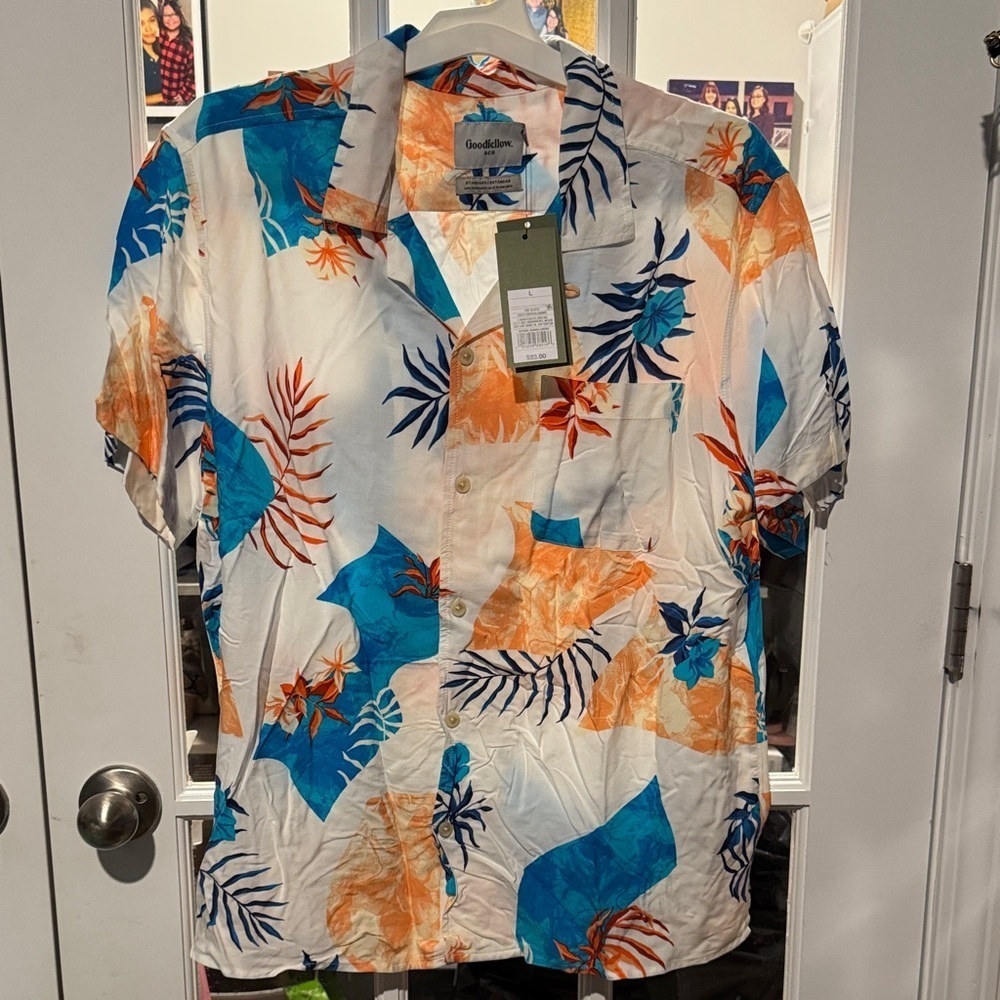 Size Large Goodfellow & Co Men's Vibrant Floral Shirt - Blue, Orange, White